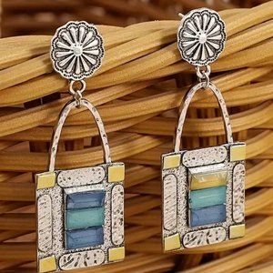 Vintage Boho Style Silver Gold Blue Green Crystal Stone Stud Earrings - NEW